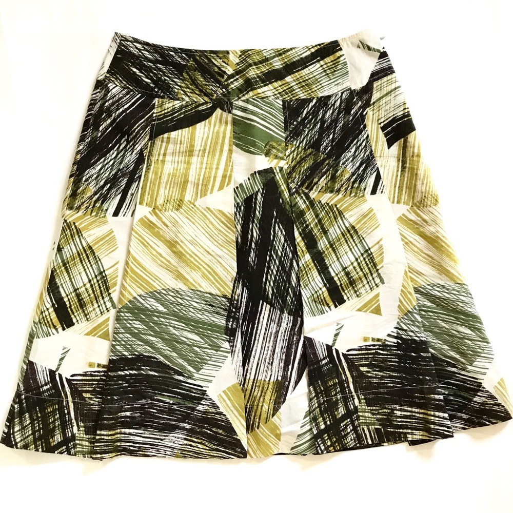 Vintage Y2K NY & Co. Green Brown Cotton Silk Graphic Leaf Print A-Line Size 6